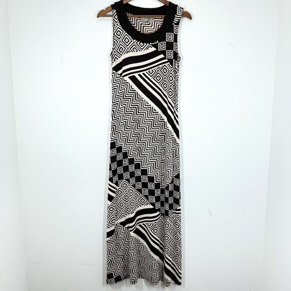 Chico's Travelers Size Small Slinky Liquid Knit Brown Beige Geometric Print Maxi - Picture 1 of 8